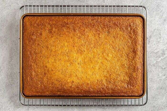 Freshly baked banana bars cooling in the pan