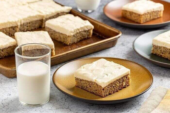 Frosted banana bars cut into serving squares