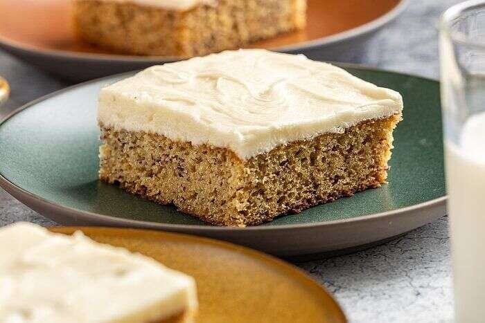 Homemade banana bars ready to serve with frosting