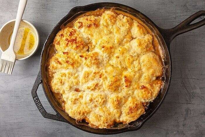 Freshly baked Cheddar Bay Chicken Potpie with golden biscuit topping