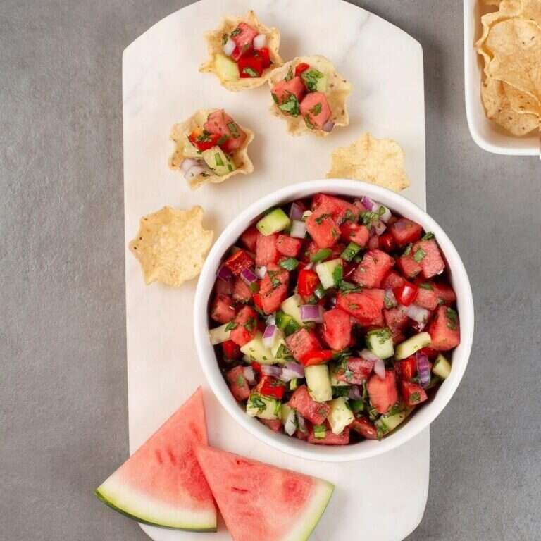Easy Watermelon Salsa Recipe with Fresh Herbs Today Fresh watermelon salsa with colorful fruit, vegetables, and herbs