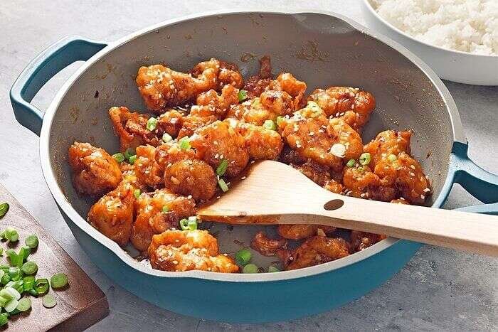 Copycat Panda Express orange chicken served with rice