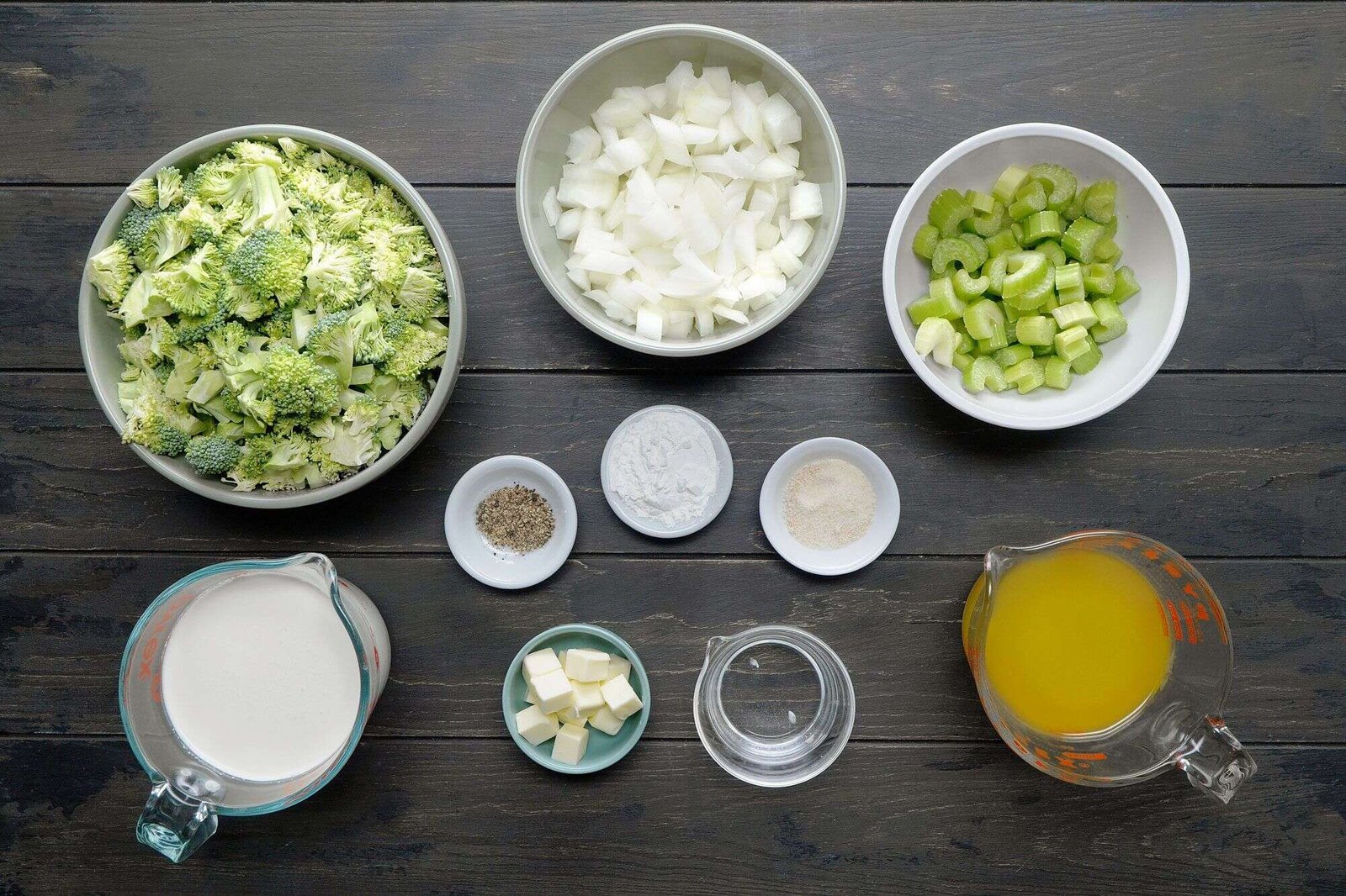 Cream of broccoli soup ingredients arranged for cooking
