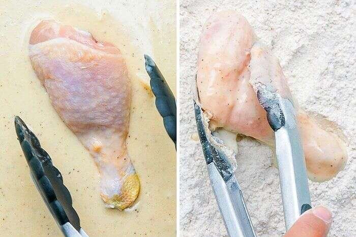 Chicken coated with egg mixture and seasoned flour