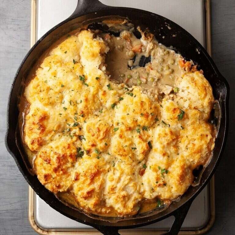 Cheddar Bay Biscuit Chicken Potpie with golden cheesy biscuit topping