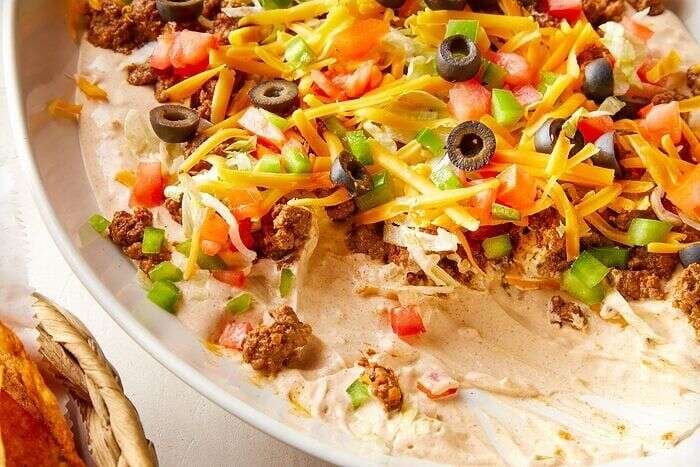 Close-up of creamy ground beef taco dip