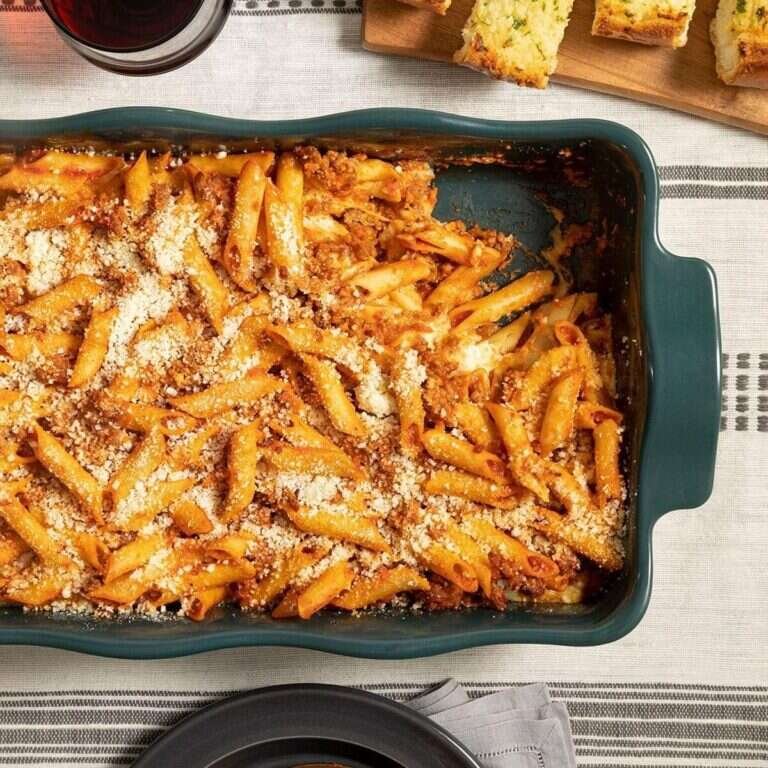Easy Mostaccioli Recipe with Italian Sausage and Cheese Baked mostaccioli with Italian sausage, tomato sauce, and melted cheese