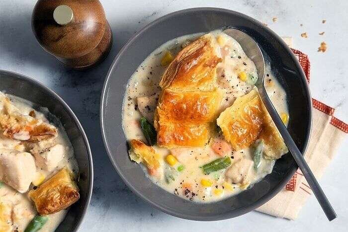 Crisp puff pastry chicken potpie with creamy filling