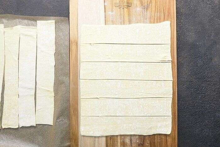 Puff pastry lattice prepared for chicken potpie