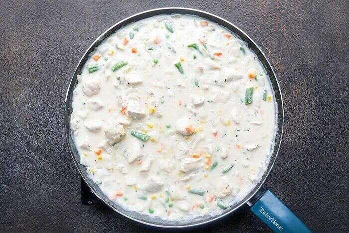 Chicken and vegetables stirred into creamy potpie filling