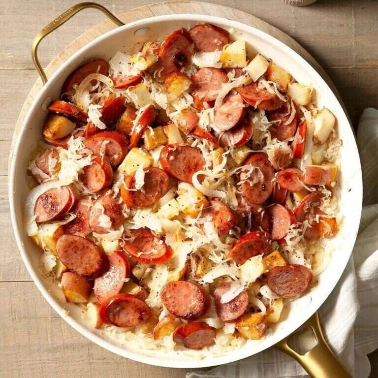 Easy Sausage and Sauerkraut Skillet Recipe for Dinner Easy sausage and sauerkraut skillet with potatoes and smoked sausage