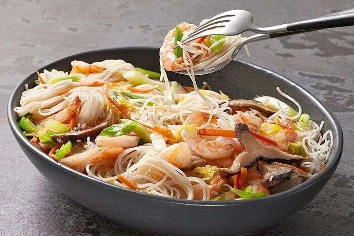 Shrimp mei fun with tender shrimp vegetables and rice noodles