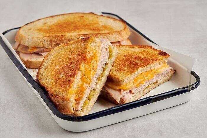 Crisp sourdough turkey melt with green chiles and melted cheese