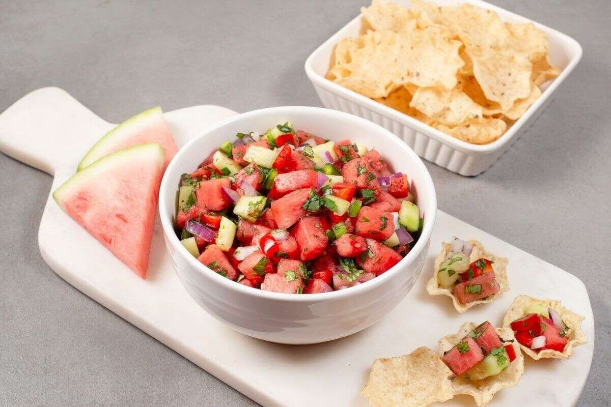 Fresh watermelon salsa served with tortilla chip scoops