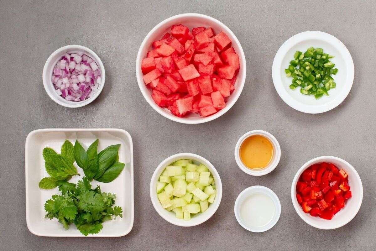Watermelon salsa ingredients arranged for preparation
