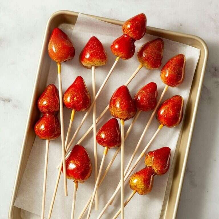 Tanghulu strawberries with a glossy crunchy candy shell