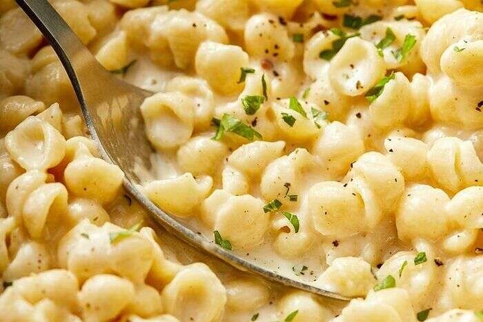 Close-up of creamy white cheddar mac and cheese